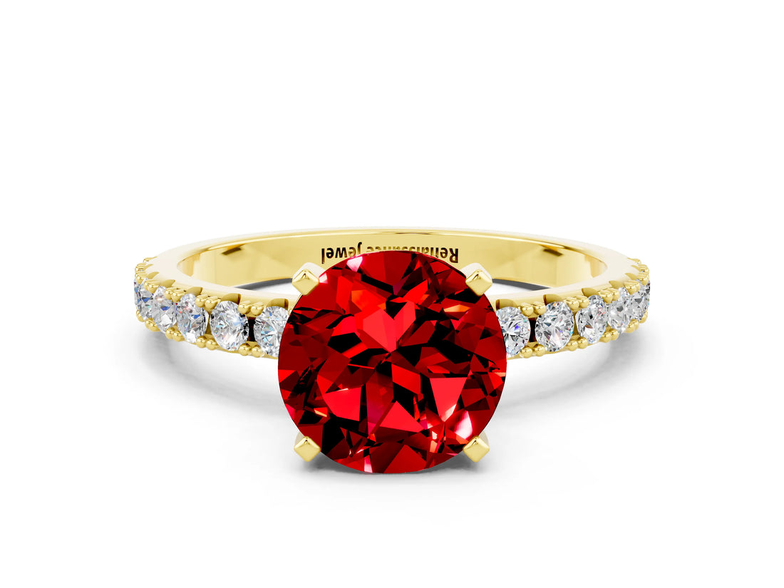 Yellow gold Round Cut Ruby Solitaire Pavé Band with Four-Prong Setting