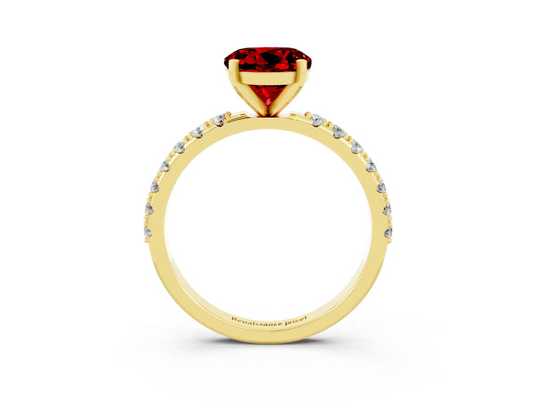 Yellow gold Round Cut Ruby Solitaire Pavé Band with Four-Prong Setting