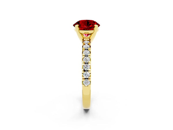 Yellow gold Round Cut Ruby Solitaire Pavé Engagement Ring with Round Band and Prong Setting