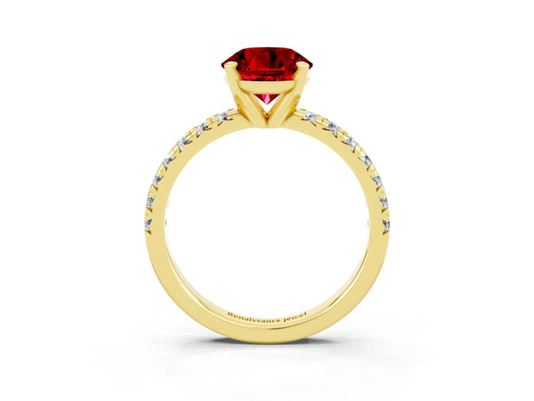 Yellow gold Round Cut Ruby Solitaire Pavé Engagement Ring with Round Band and Prong Setting