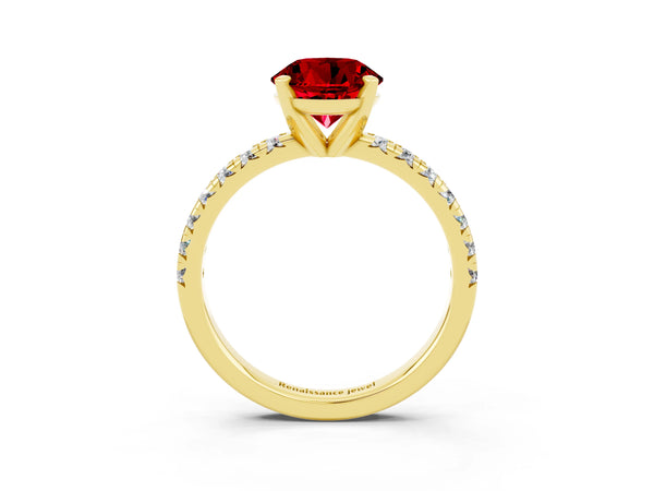 Yellow Gold Round Lab-Grown Ruby Solitaire Engagement Ring with Large Round Accent Band