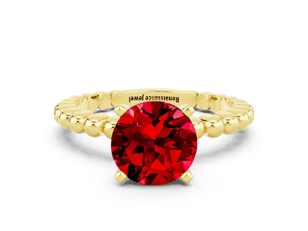 Yellow gold Round Cut Ruby Solitaire Ring with Beaded Band and Prong Setting