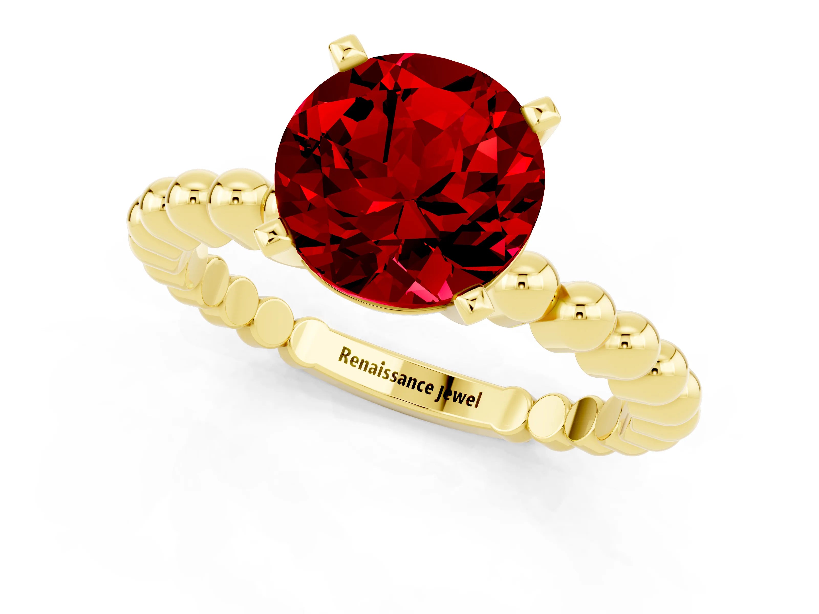 Yellow gold Round Cut Ruby Solitaire Ring with Beaded Band and Prong Setting_1