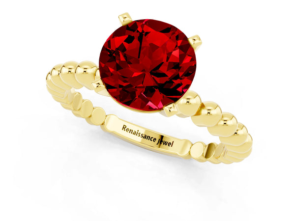 Yellow gold Round Cut Ruby Solitaire Ring with Beaded Band and Prong Setting