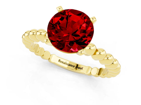 Yellow gold Round Cut Ruby Solitaire Ring with Beaded Band and Prong Setting_1