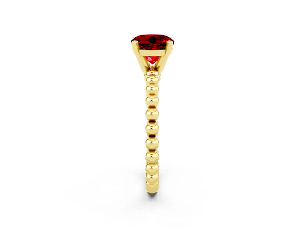 Yellow gold Round Cut Ruby Solitaire Ring with Beaded Band and Prong Setting
