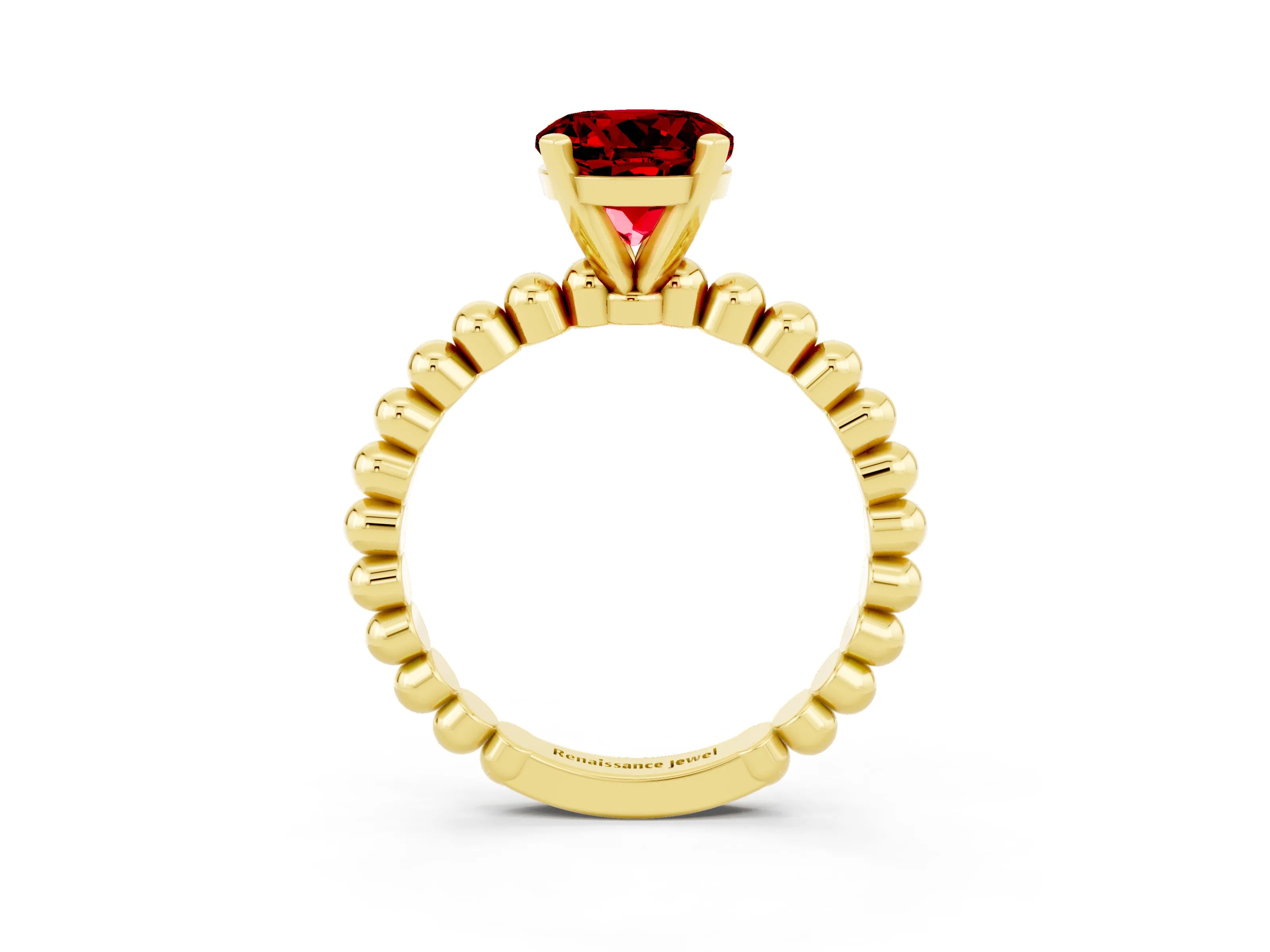 Yellow gold Round Cut Ruby Solitaire Ring with Beaded Band and Prong Setting_3