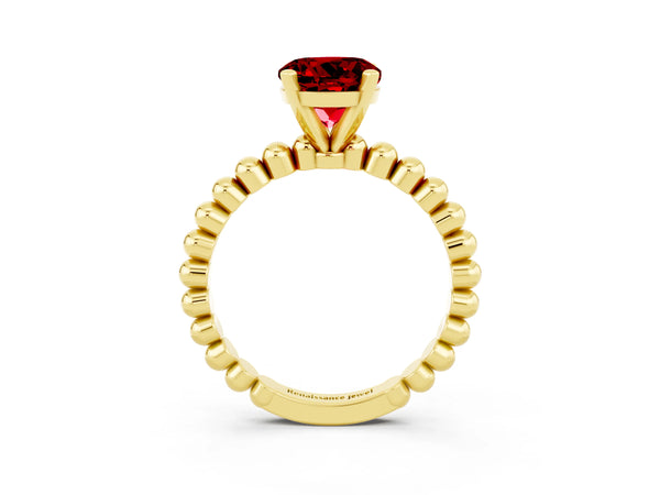 Yellow gold Round Cut Ruby Solitaire Ring with Beaded Band and Prong Setting