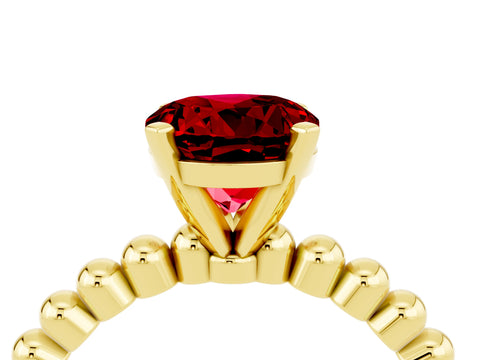 Yellow gold Round Cut Ruby Solitaire Ring with Beaded Band and Prong Setting_4