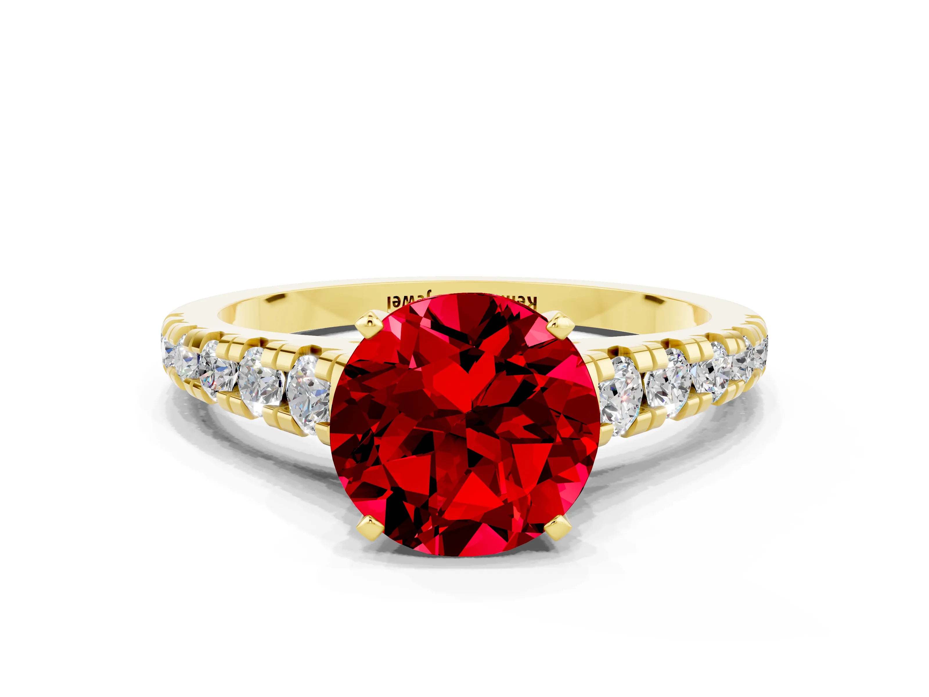 Yellow gold Round Cut Ruby Solitaire Ring with Cathedral Setting and Pavé Band