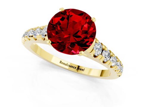 Yellow gold Round Cut Ruby Solitaire Ring with Cathedral Setting and Pavé Band_1