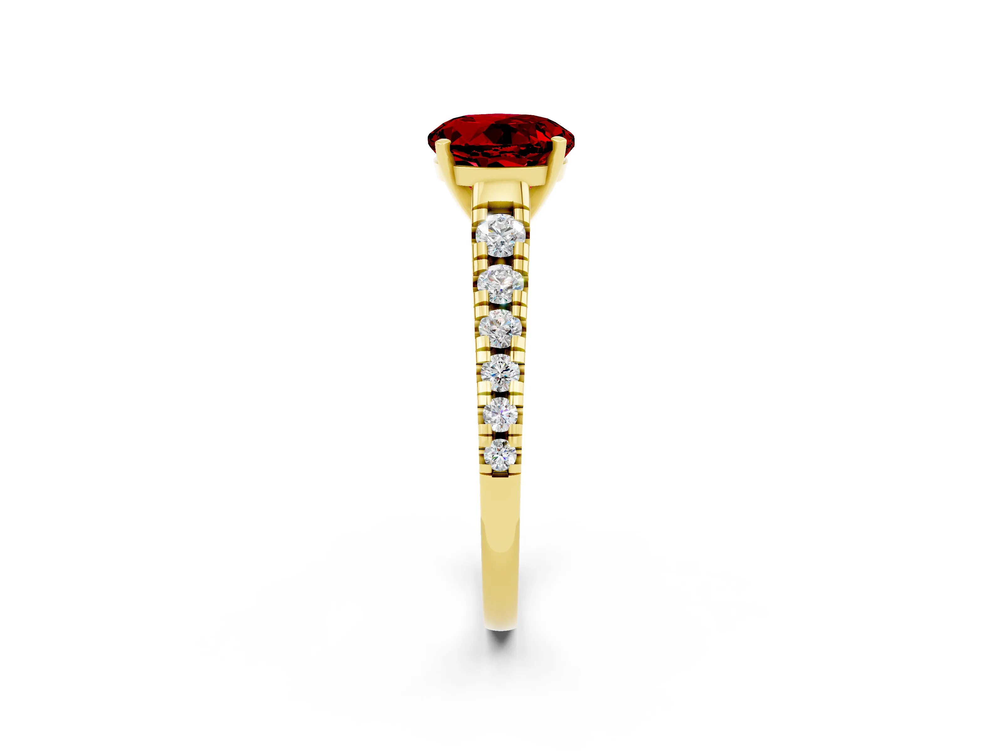 Yellow gold Round Cut Ruby Solitaire Ring with Cathedral Setting and Pavé Band_2