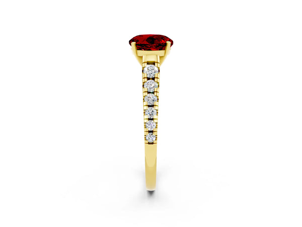 Yellow gold Round Cut Ruby Cathedral Solitaire Ring with Round  Pavé Band
