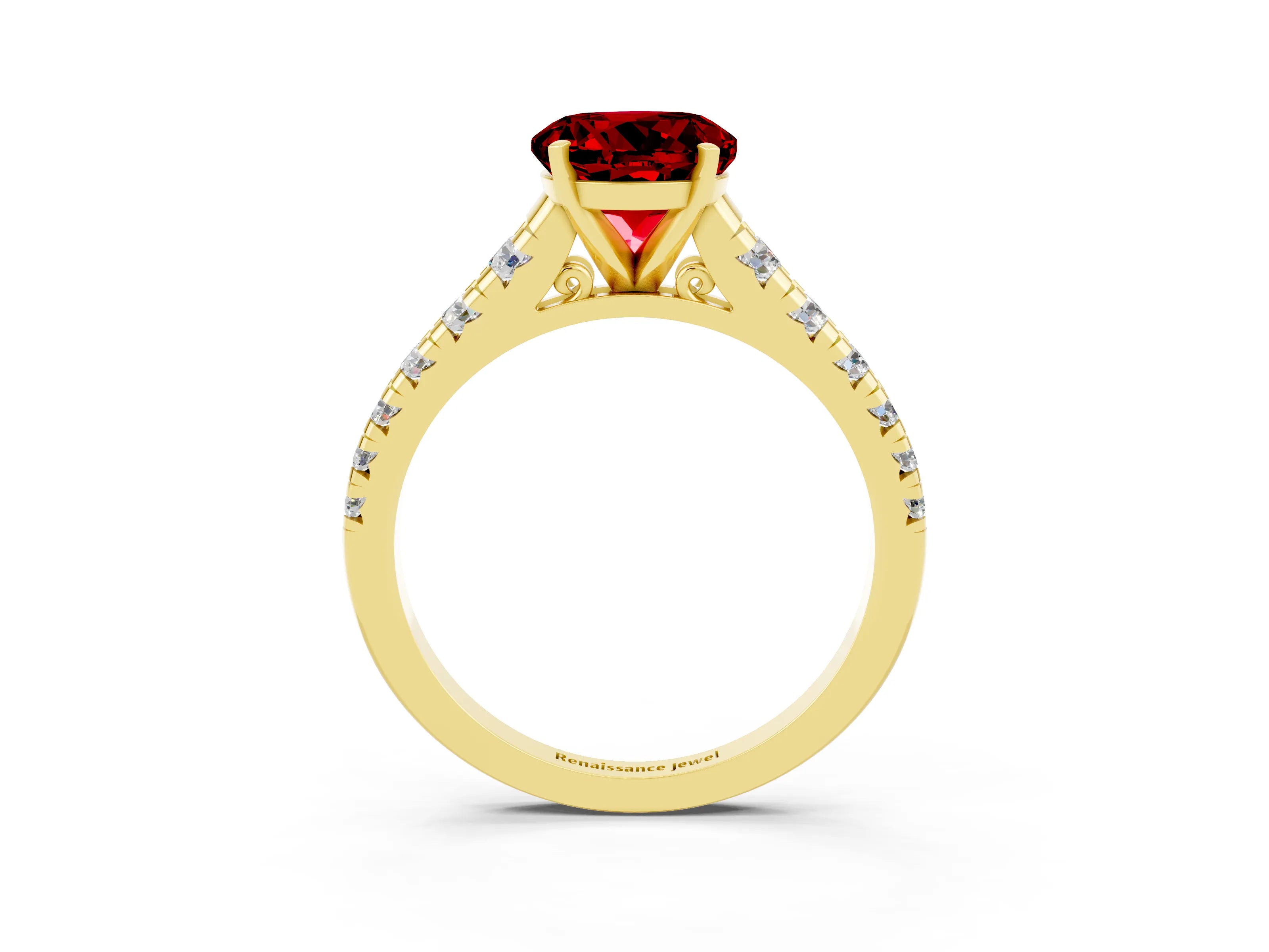 Yellow gold Round Cut Ruby Solitaire Ring with Cathedral Setting and Pavé Band_3