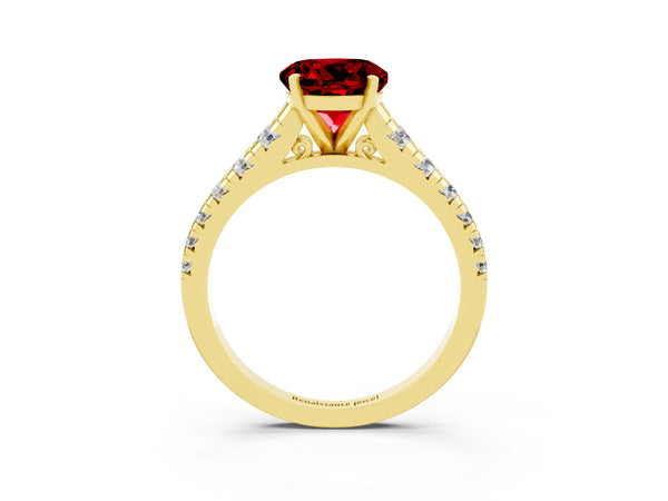 Yellow gold Round Cut Ruby Cathedral Solitaire Ring with Round  Pavé Band