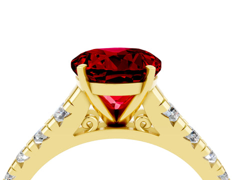 Yellow gold Round Cut Ruby Solitaire Ring with Cathedral Setting and Pavé Band_4