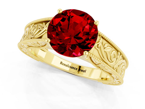 Yellow gold Round Cut Ruby Solitaire Ring with Engraved Band and Four-Prong Setting_1