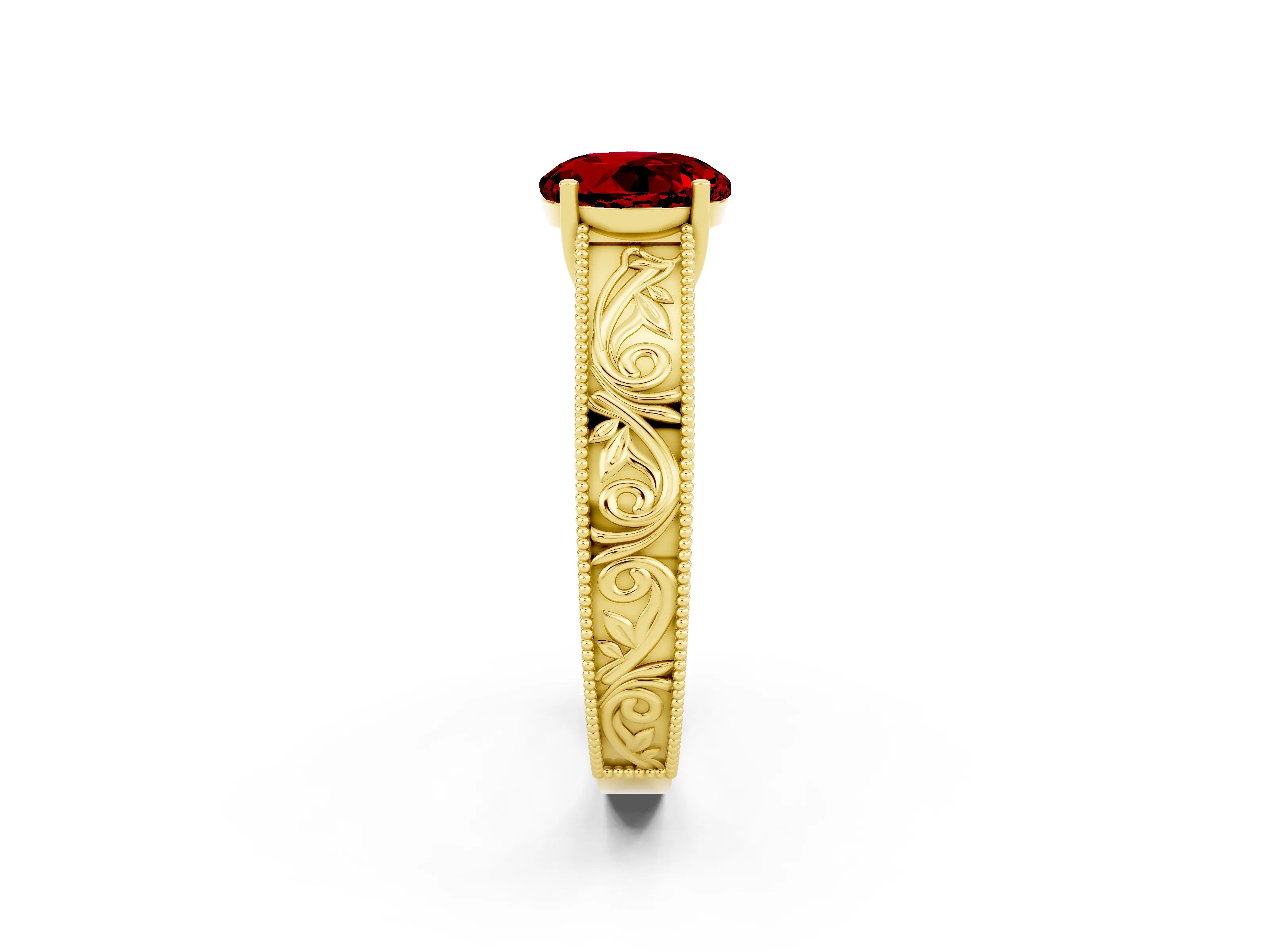 Yellow gold Round Cut Ruby Solitaire Ring with Engraved Band and Four-Prong Setting_2
