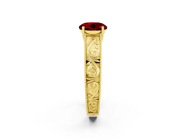 Yellow gold Round Cut Ruby Solitaire Ring with Engraved Band and Four-Prong Setting