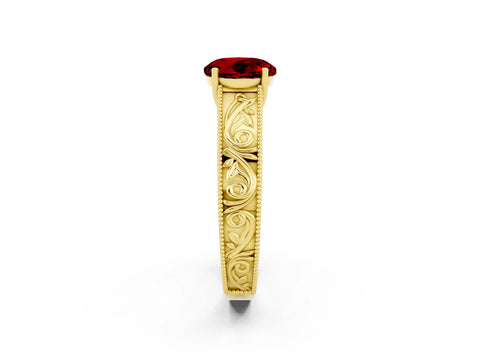 Yellow gold Round Cut Ruby Solitaire Ring with Engraved Band and Four-Prong Setting_2