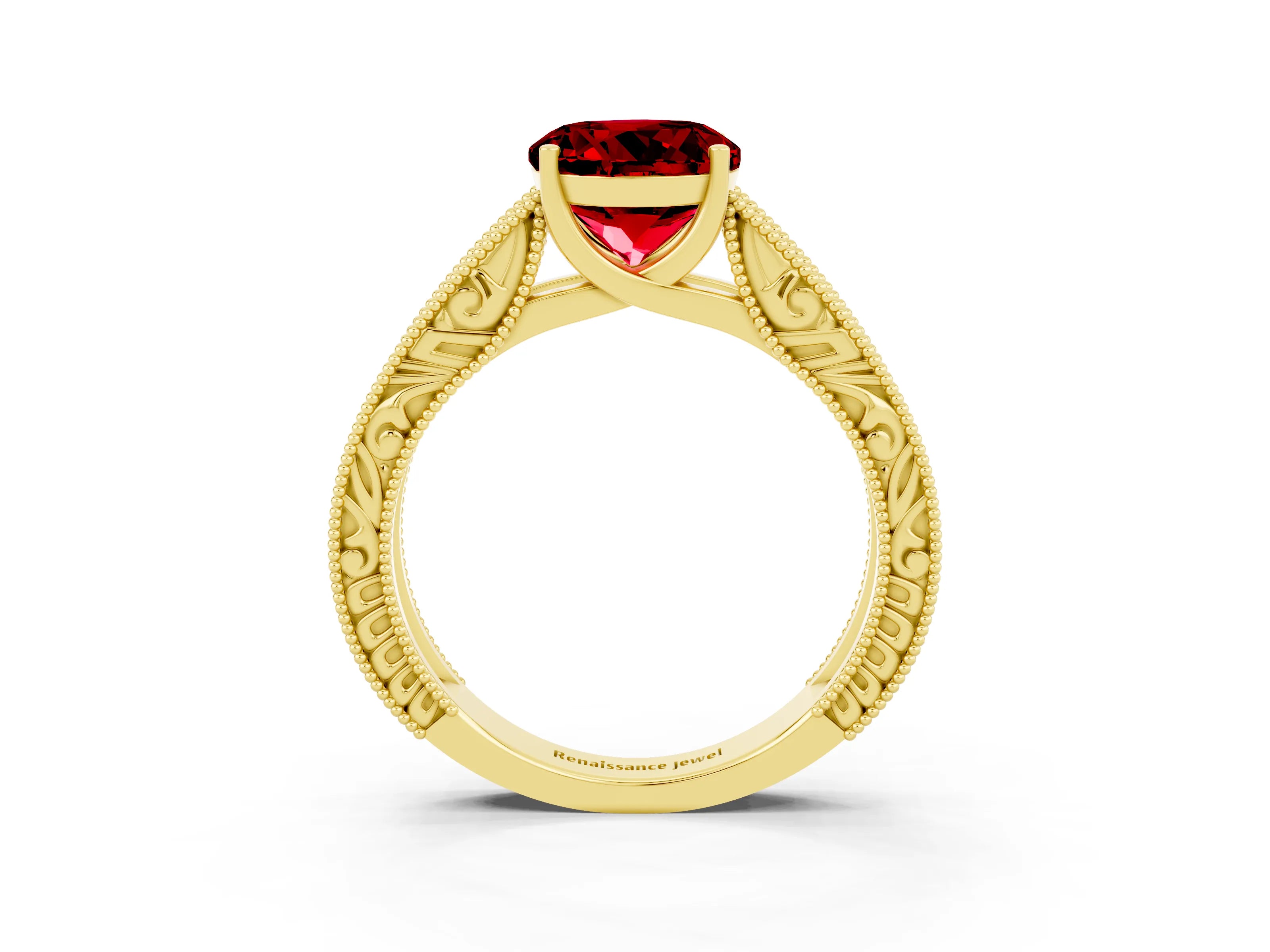 Yellow gold Round Cut Ruby Solitaire Ring with Engraved Band and Four-Prong Setting_3