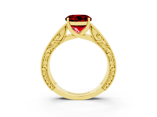 Yellow gold Round Cut Ruby Solitaire Ring with Engraved Band and Four-Prong Setting