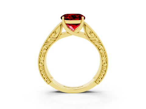 Yellow gold Round Cut Ruby Solitaire Ring with Engraved Band and Four-Prong Setting_3
