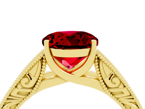 Yellow gold Round Cut Ruby Solitaire Ring with Engraved Band and Four-Prong Setting_4