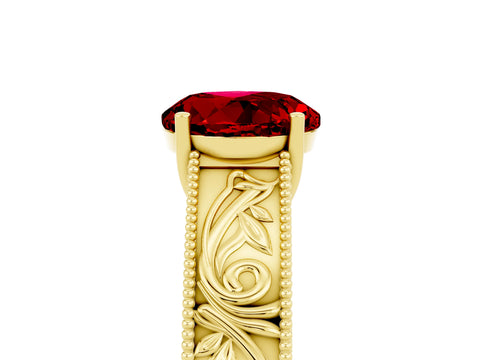 Yellow gold Round Cut Ruby Solitaire Ring with Engraved Band and Four-Prong Setting_5