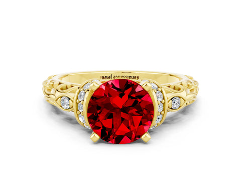Yellow gold Round Cut Ruby Solitaire Ring with Filigree Band and Four-Prong Setting_24