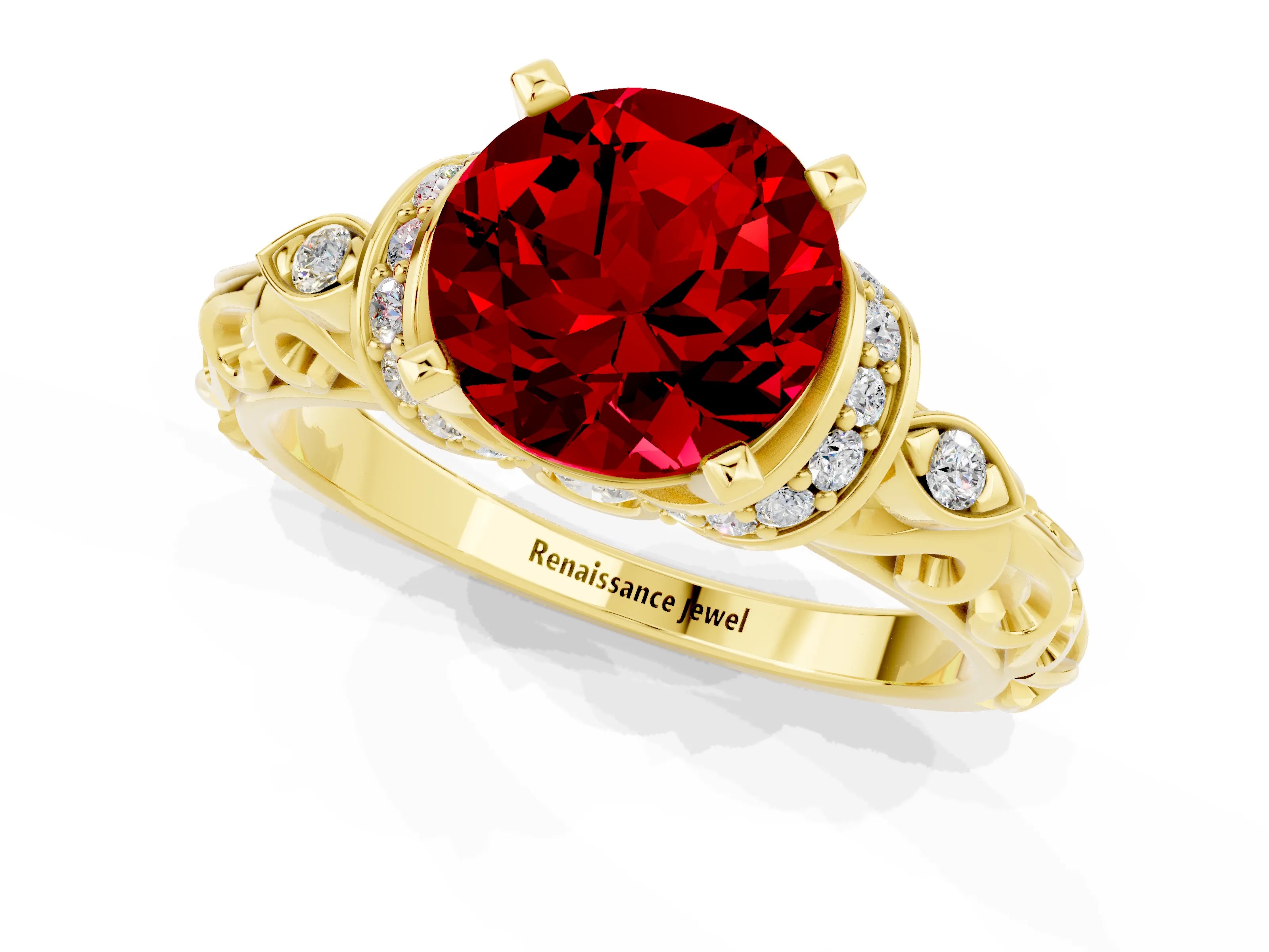 Yellow gold Round Cut Ruby Solitaire Ring with Filigree Band and Four-Prong Setting_25