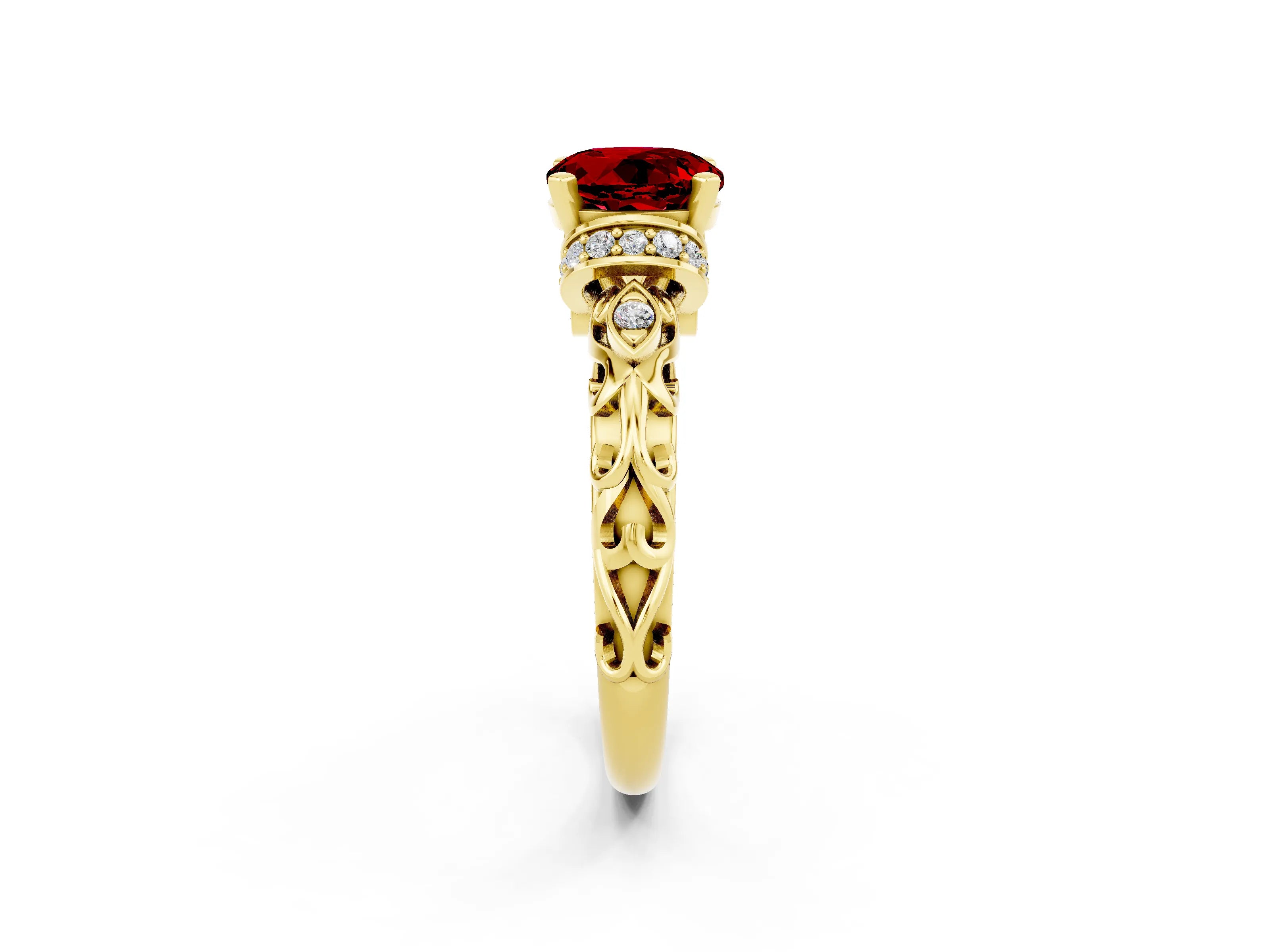 Yellow gold Round Cut Ruby Solitaire Ring with Filigree Band and Four-Prong Setting_26