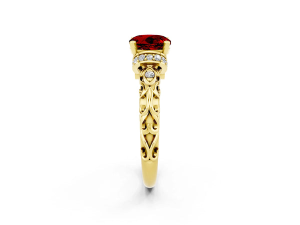 Yellow gold Round Cut Ruby Solitaire Ring with Filigree Band and Four-Prong Setting