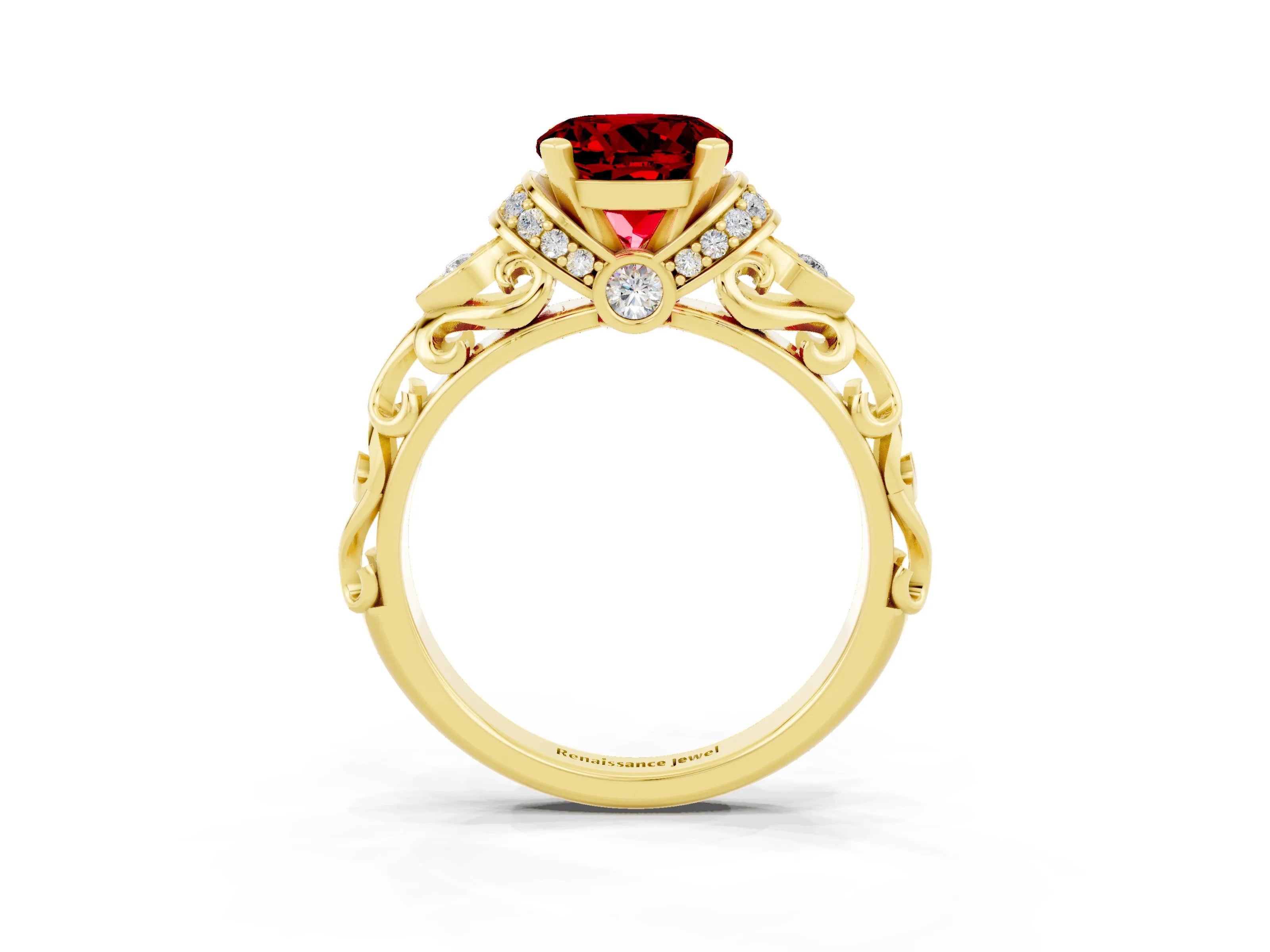 Yellow gold Round Cut Ruby Solitaire Ring with Filigree Band and Four-Prong Setting_27