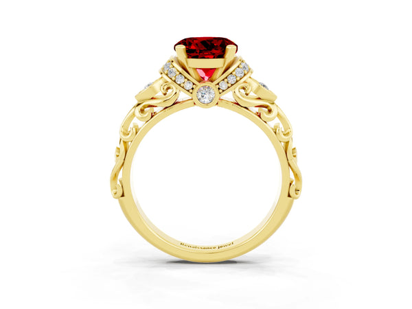 Yellow gold Round Cut Ruby Solitaire Ring with Filigree Band and Four-Prong Setting