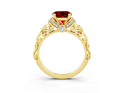 Yellow gold Round Cut Ruby Solitaire Ring with Filigree Band and Four-Prong Setting_27