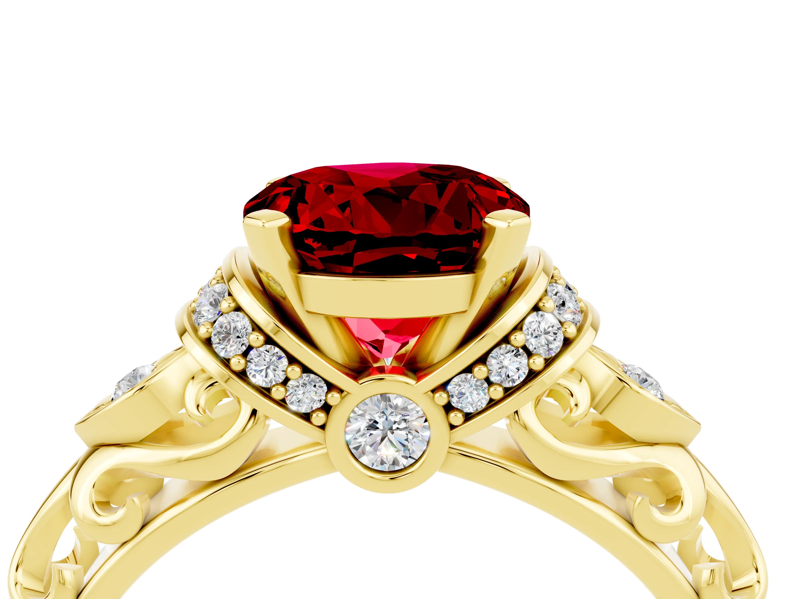 Yellow gold Round Cut Ruby Solitaire Ring with Filigree Band and Four-Prong Setting_28