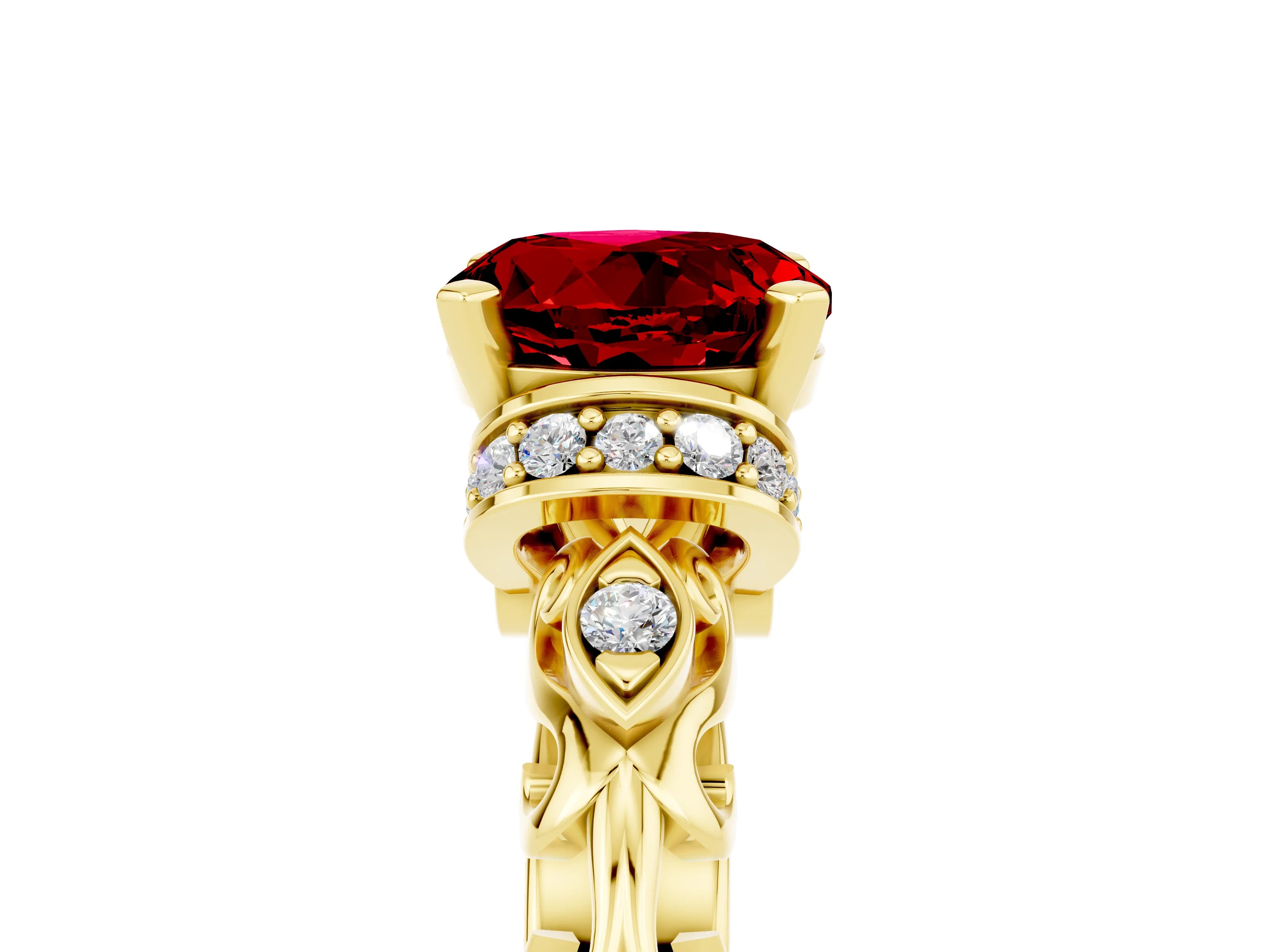 Yellow gold Round Cut Ruby Solitaire Ring with Filigree Band and Four-Prong Setting_29
