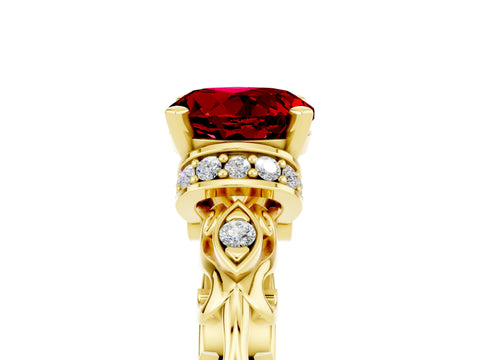 Yellow gold Round Cut Ruby Solitaire Ring with Filigree Band and Four-Prong Setting_29