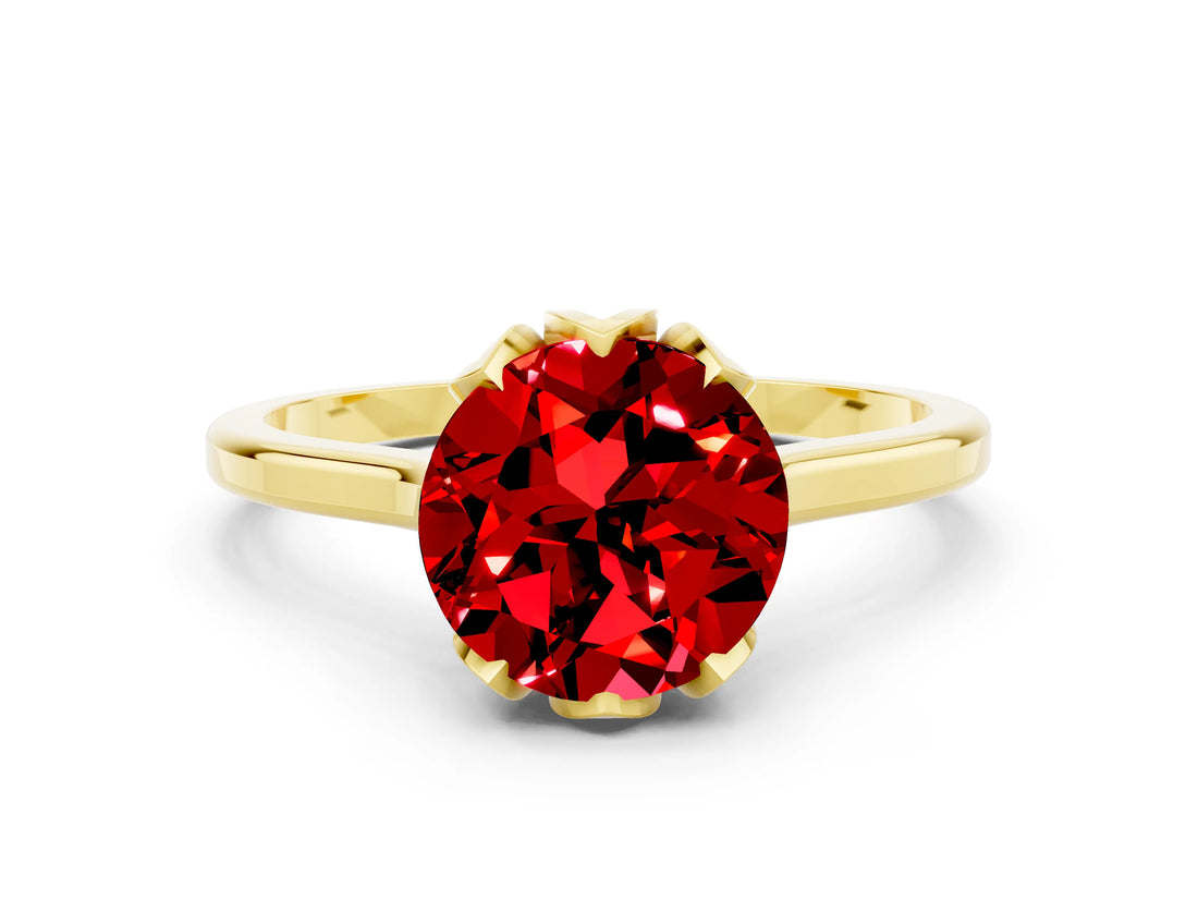 Yellow gold Round Cut Ruby Solitaire Ring with Flower Prong Setting and Classic Band_12