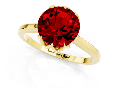 Yellow gold Round Cut Ruby Solitaire Ring with Flower Prong Setting and Classic Band_13
