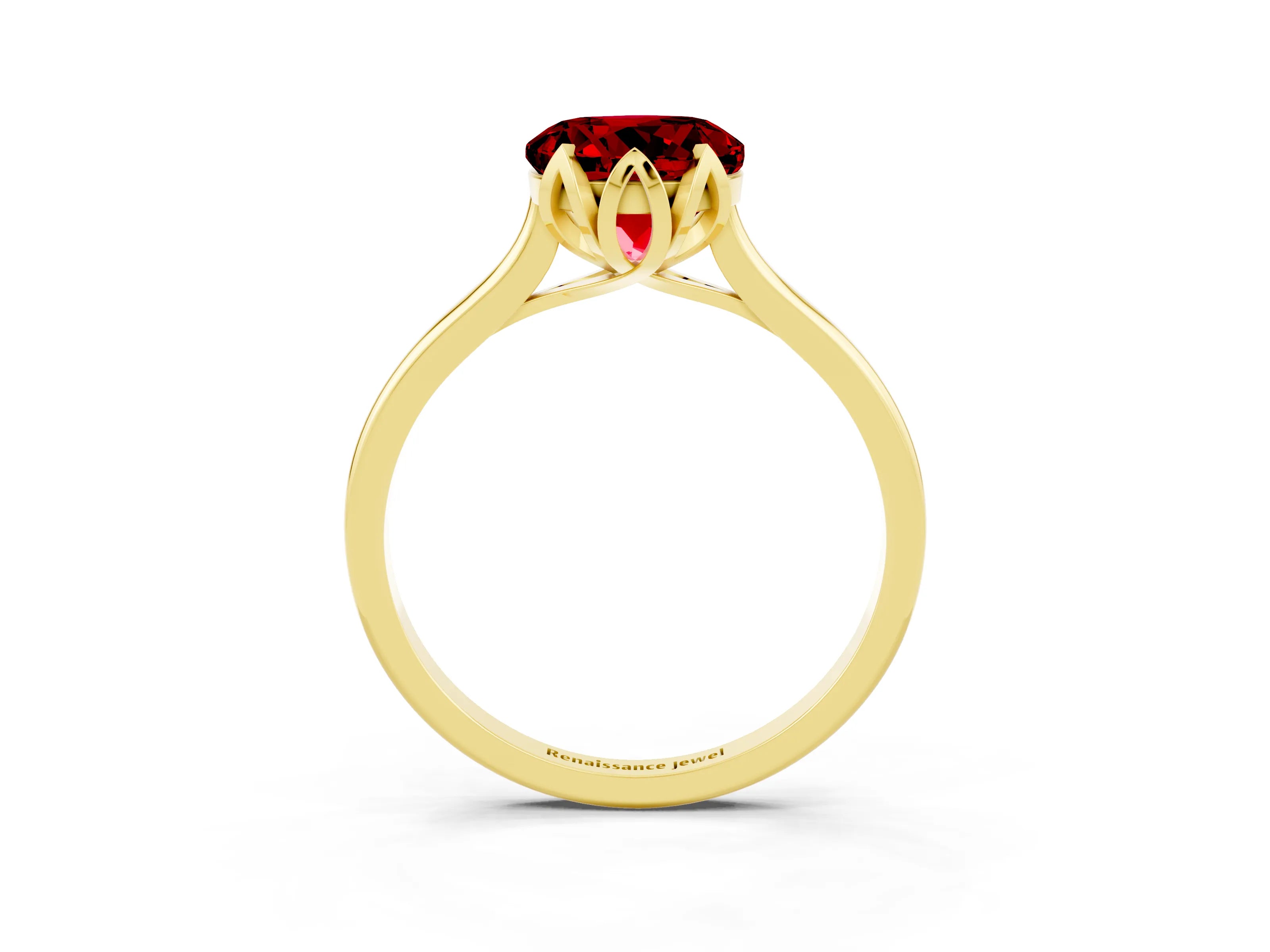 Yellow gold Round Cut Ruby Solitaire Ring with Flower Prong Setting and Classic Band_15