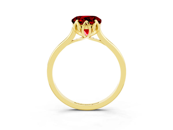 Yellow gold Round Cut Ruby Solitaire Ring with Flower Prong Setting and Classic Band