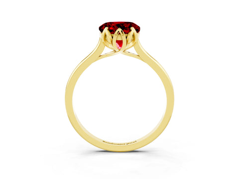 Yellow gold Round Cut Ruby Solitaire Ring with Flower Prong Setting and Classic Band_15