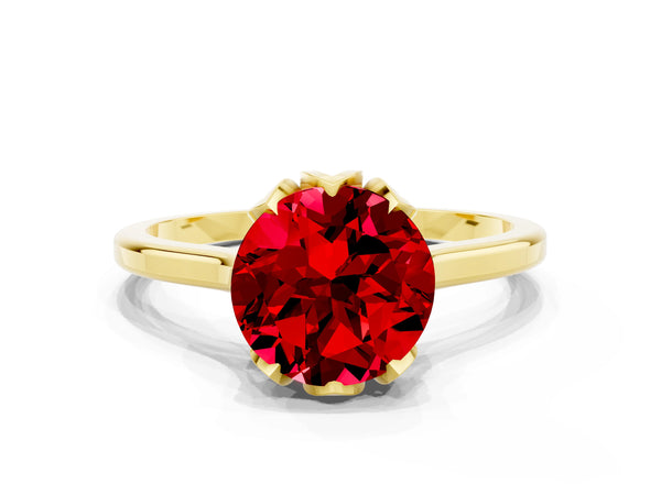Yellow gold Round Cut Ruby Solitaire Ring with Flower Prong Setting and Classic Band