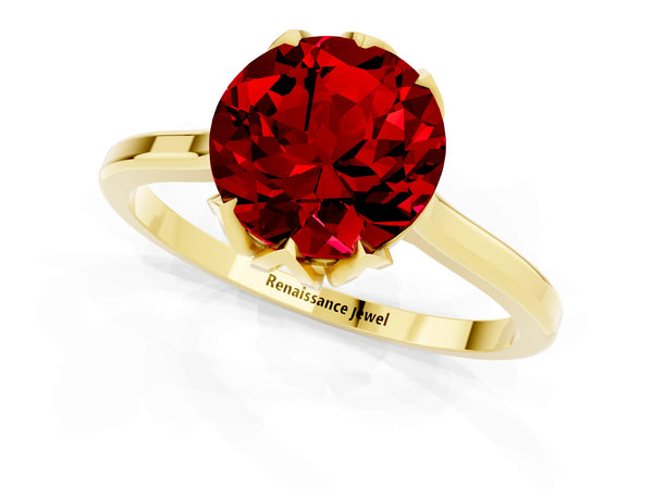 Yellow gold Round Cut Ruby Solitaire Ring with Flower Prong Setting and Classic Band