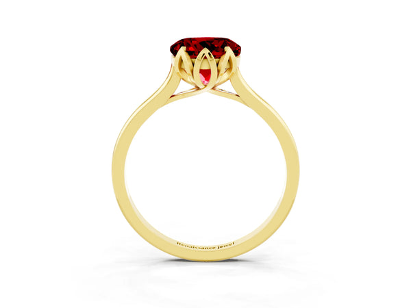 Yellow gold Round Cut Ruby Solitaire Ring with Flower Prong Setting and Classic Band