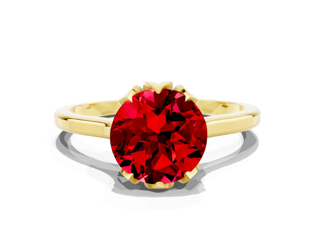 Yellow gold Round Cut Ruby Solitaire Ring with Flower Prong Setting and Classic Band_37