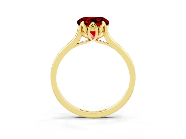 Yellow Gold Round Lab-Grown Ruby Floral Solitaire Engagement Ring with Plain Band
