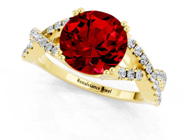 Yellow gold Round Cut Ruby Solitaire Ring with Four-Prong Setting and Twisted Pavé Band